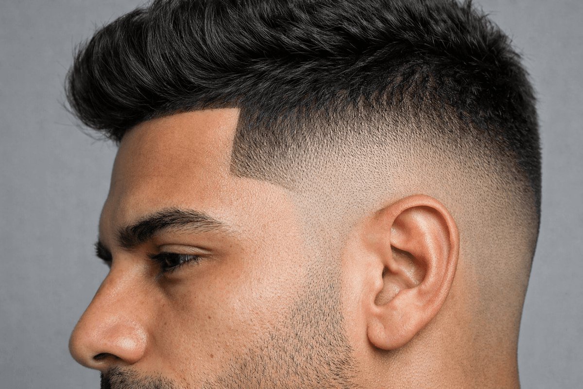 Detalhe da têmpora no jit fade com contorno nítido