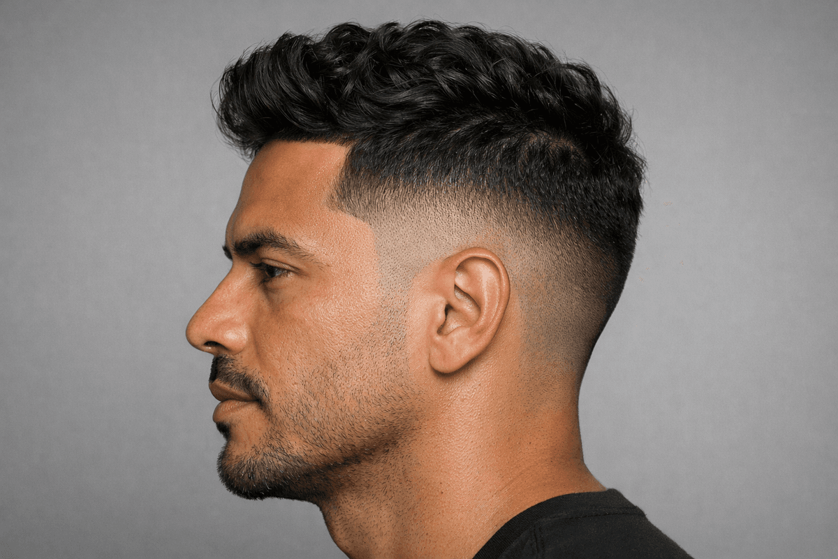 Jit fade de perfil com degradê marcado na têmpora
