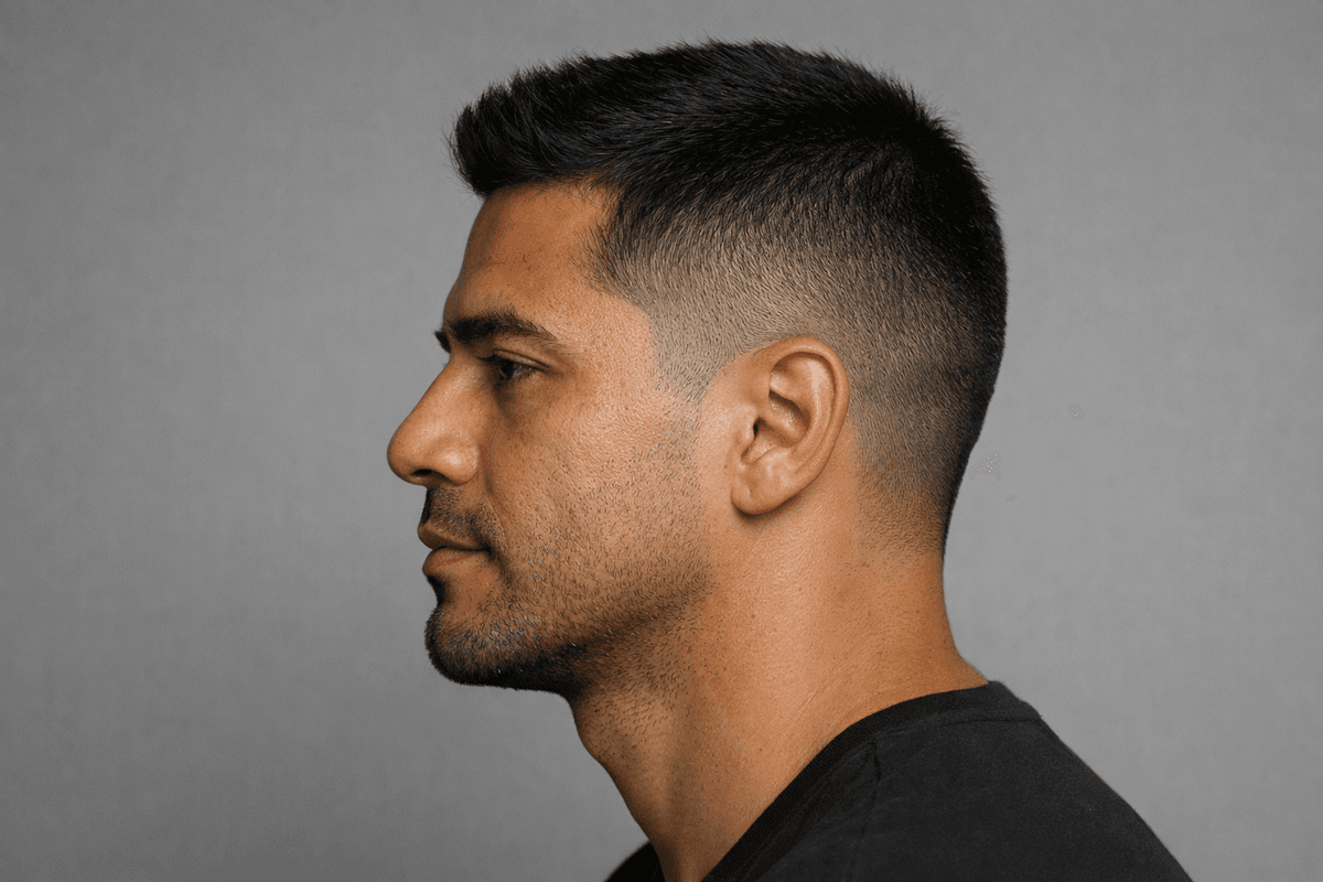 Degradê de perfil com topo curto para comparar com o jit fade