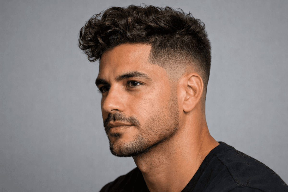 Jit fade em cabelo ondulado com volume no topo
