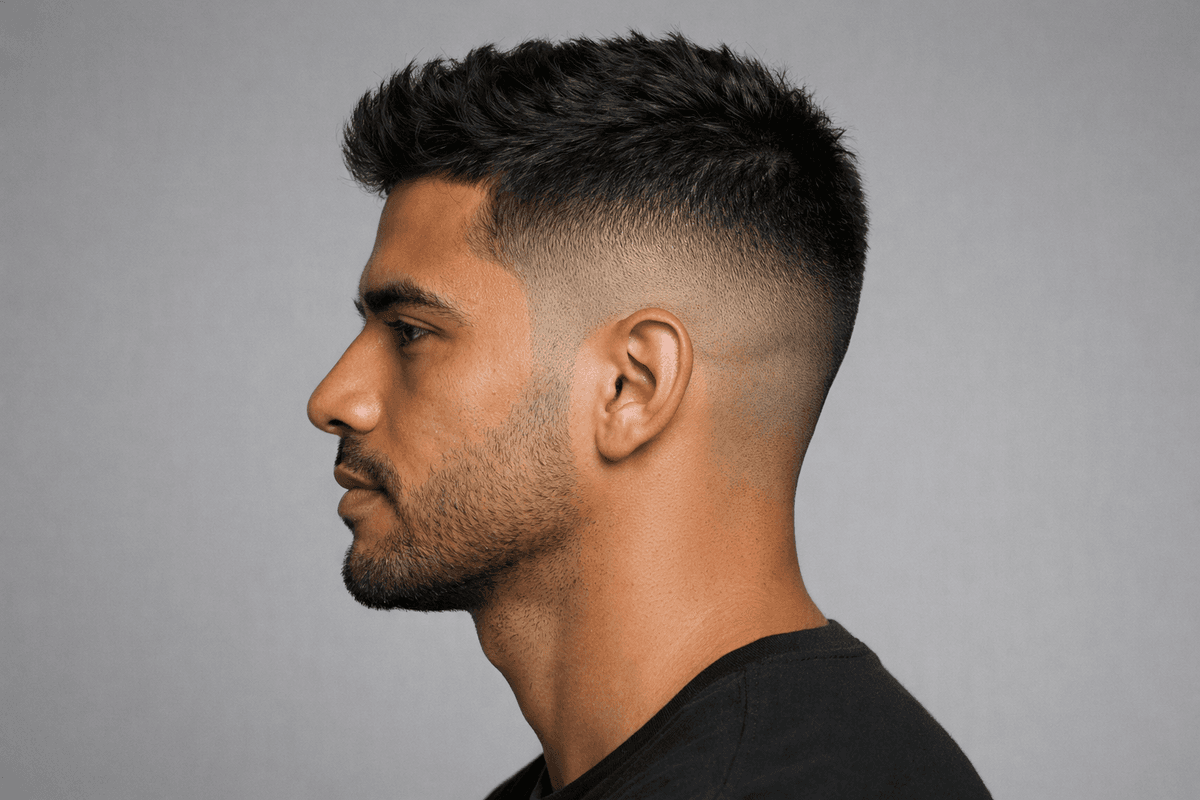 Low fade em perfil com transição baixa começando acima da orelha
