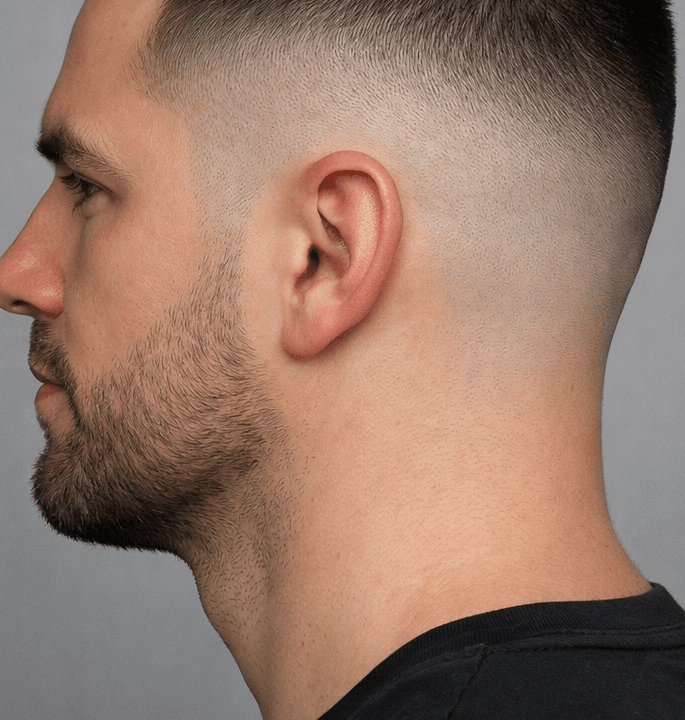 Detalhe do cabelo curto na base lateral de um degradê