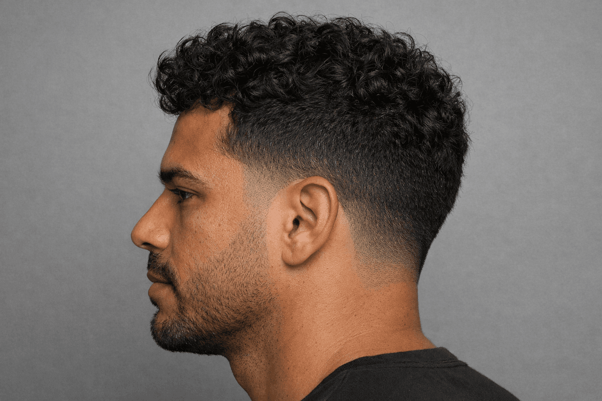 Low fade com cachos definidos no topo