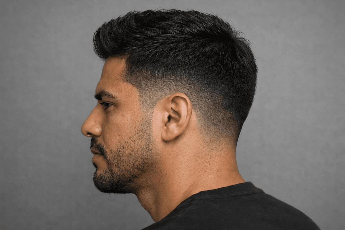Low fade com topo longo visto de perfil