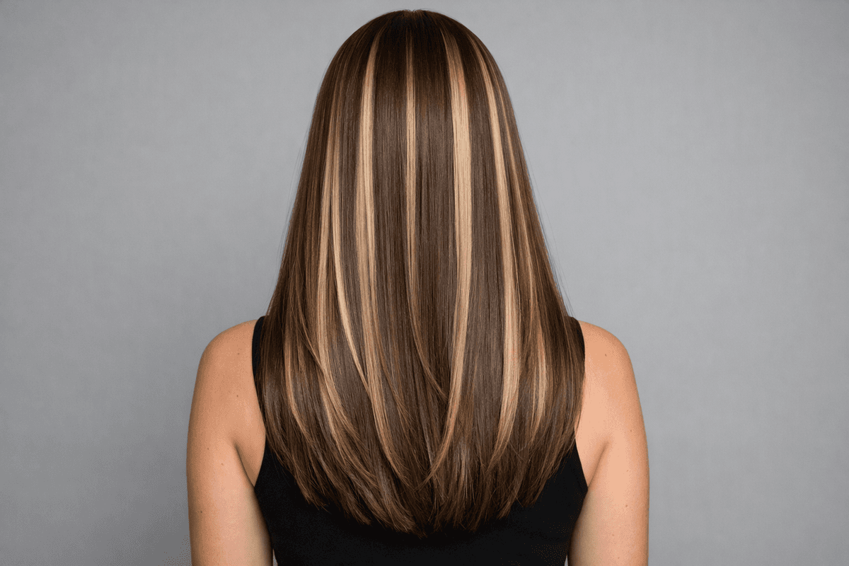 Vista posterior de cabelo castanho com faixas claras mais largas
