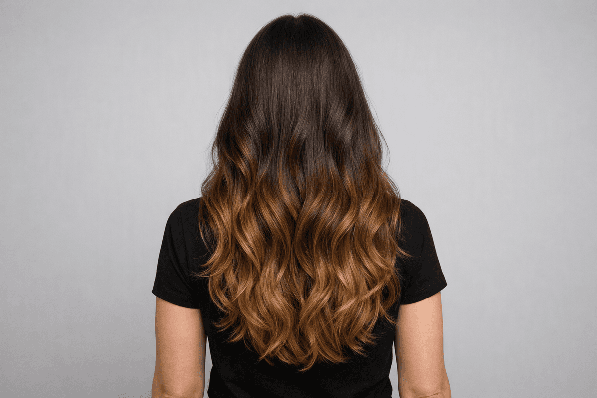 Cabelo com transição suave de raiz escura para comprimento mais claro