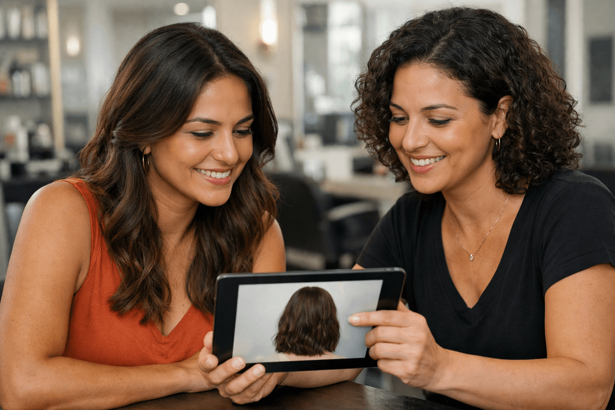 Consulta ilustrativa com duas pessoas observando referência de cabelo