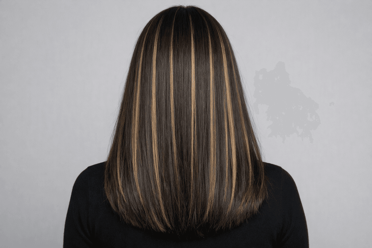 Cabelo castanho com faixas claras em distribuição regular na vista posterior