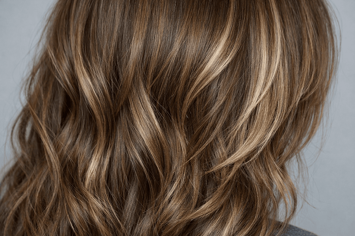 Detalhe de reflexos bege acinzentados em cabelo castanho