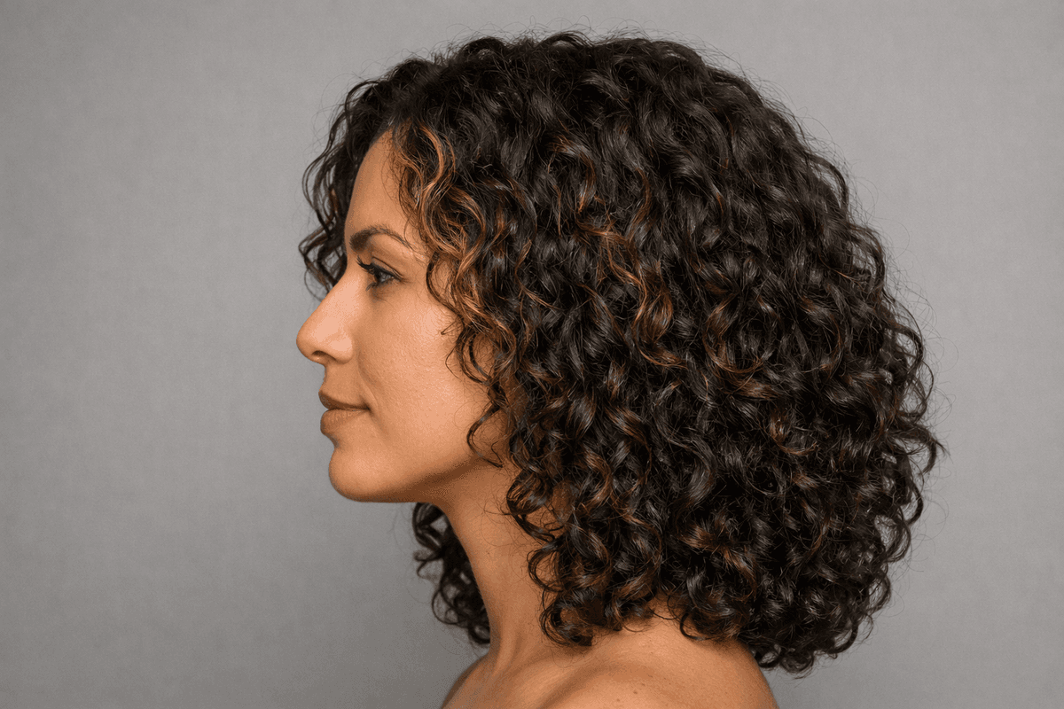 Perfil de cabelo cacheado com fios claros na linha de contorno