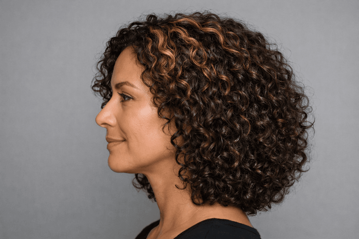 Perfil de cabelo cacheado com claridade concentrada na coroa