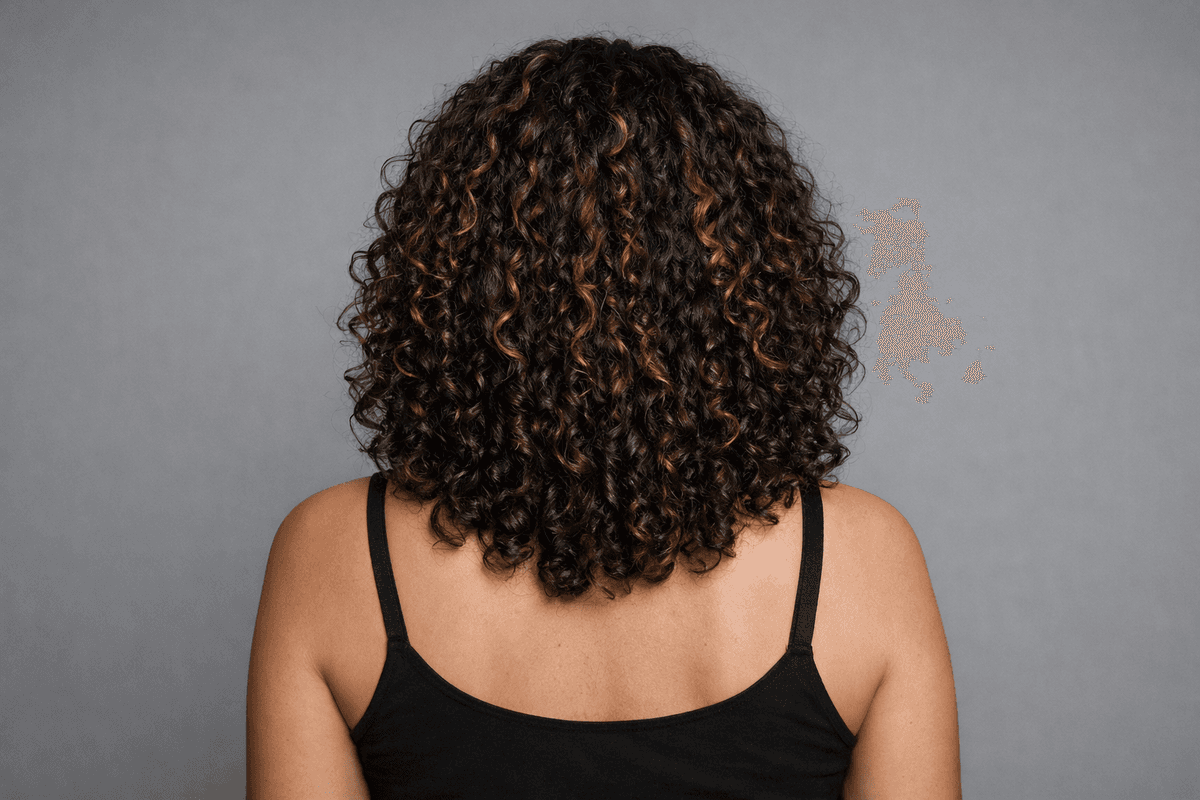 Cabelo cacheado visto de costas com luzes da coroa até a nuca
