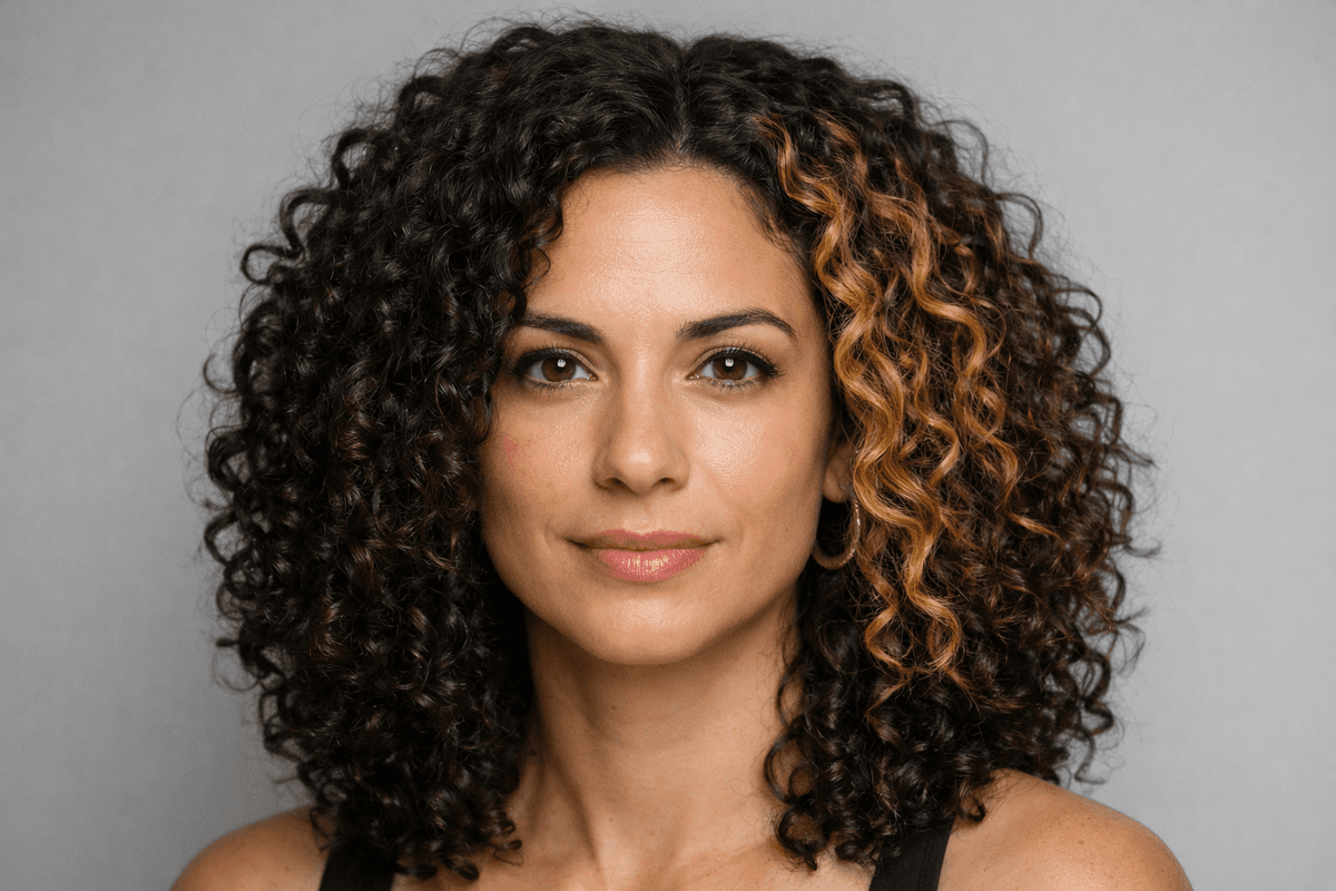 Cabelo cacheado com luzes concentradas em apenas um lado do rosto