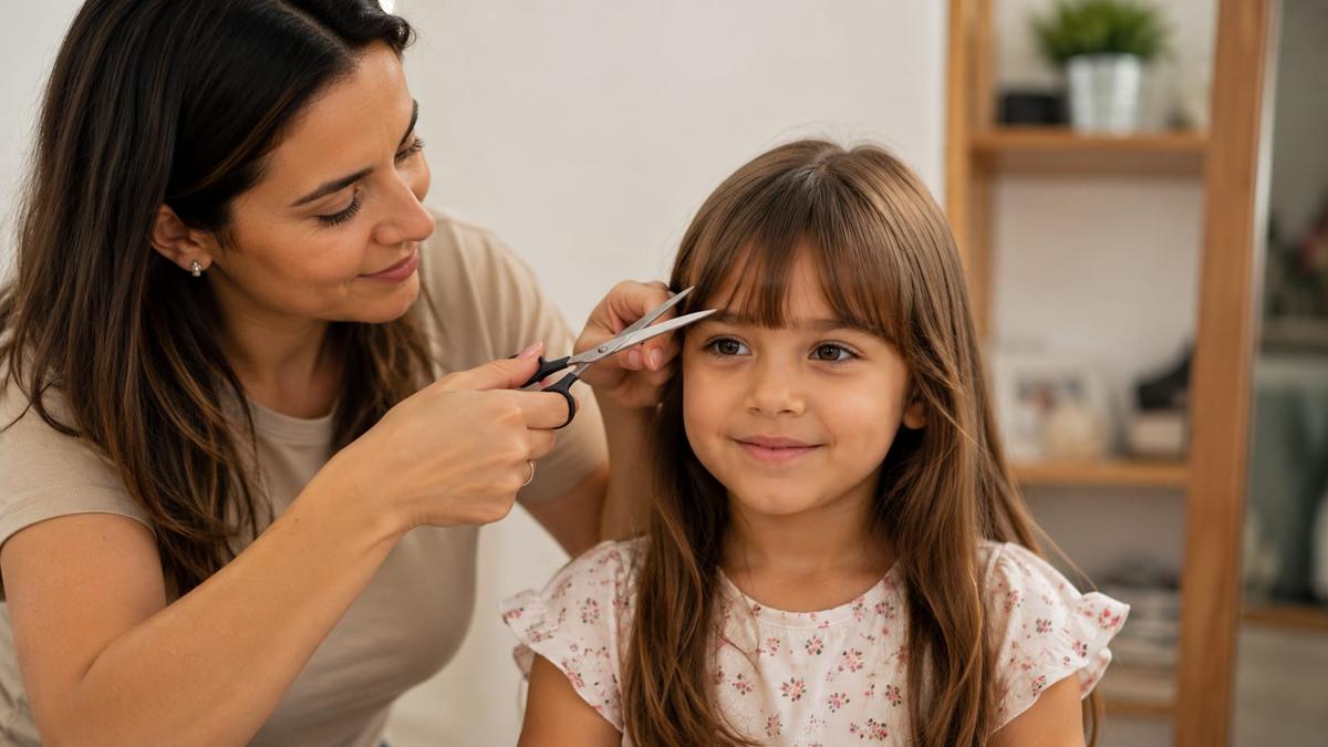 Mulher usando uma tesoura para cortar com cuidado a franja de uma menina sorridente em um ambiente doméstico.
