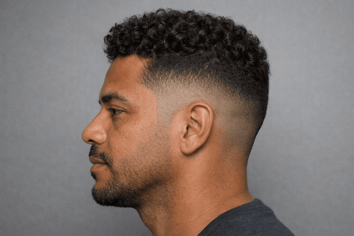 Mid fade com cachos definidos no topo