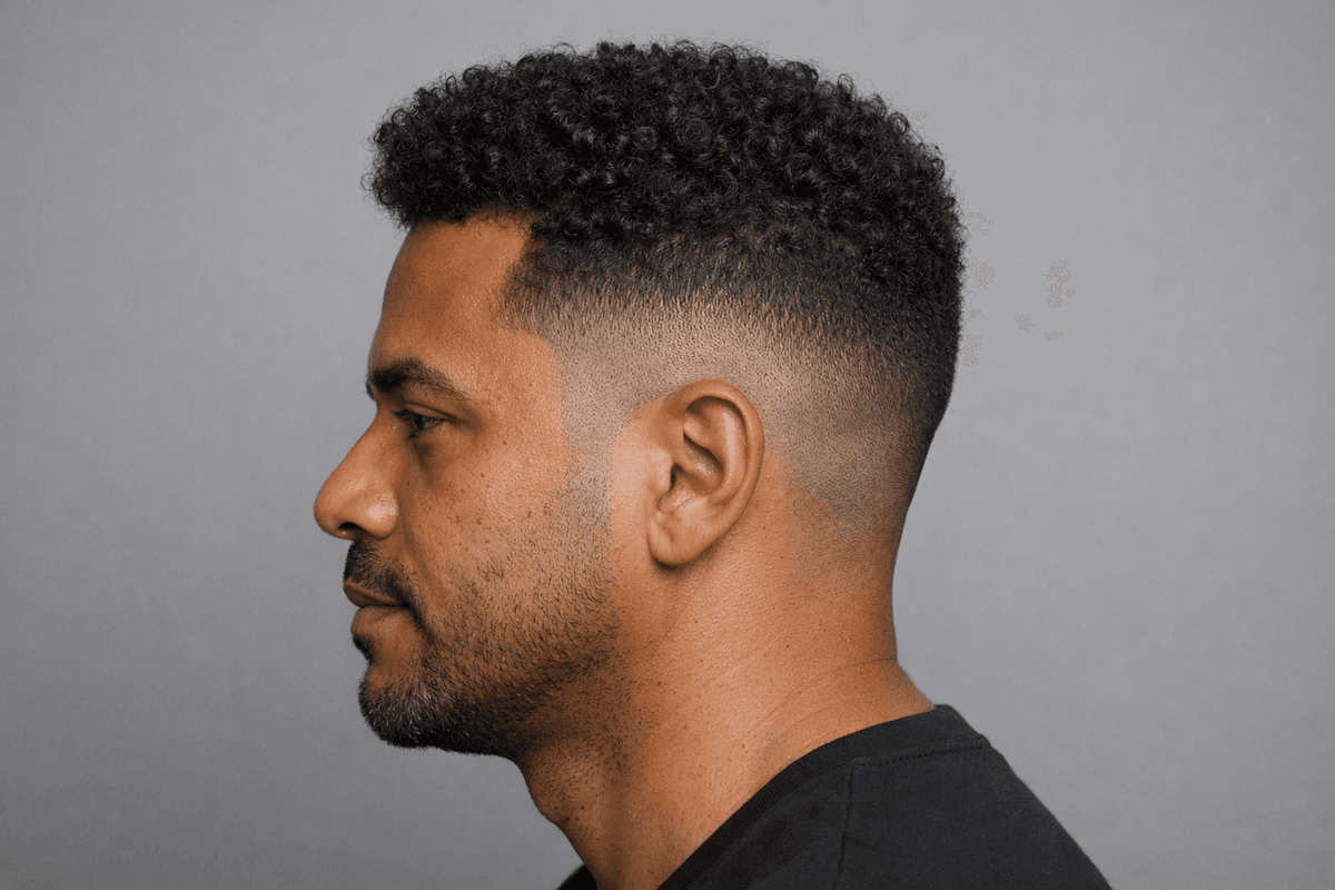 Mid fade com pequenas espirais crespas no topo