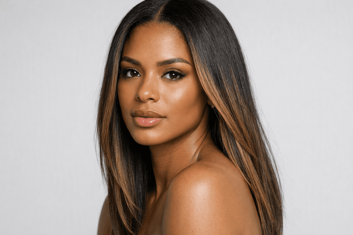 Cabelo castanho-escuro com mechas mel-douradas no contorno do rosto e nos comprimentos