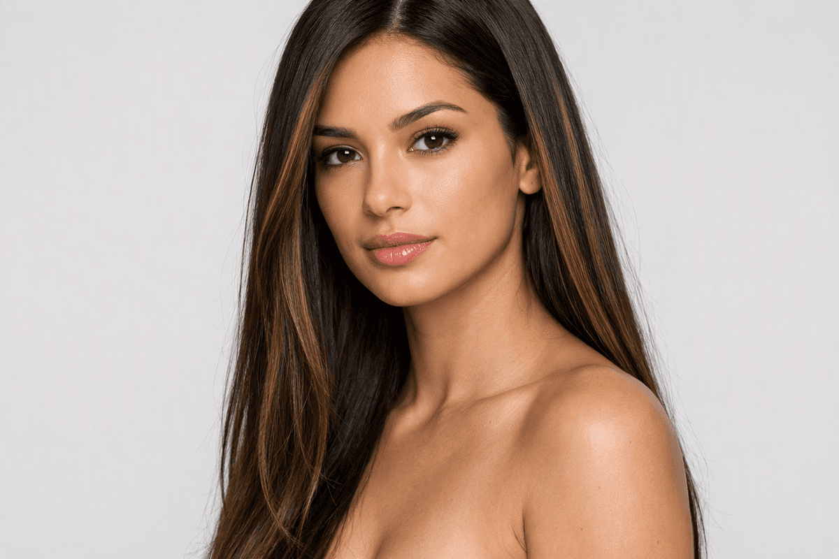 Cabelo castanho-escuro liso com mechas mel e caramelo mais marcadas na frente