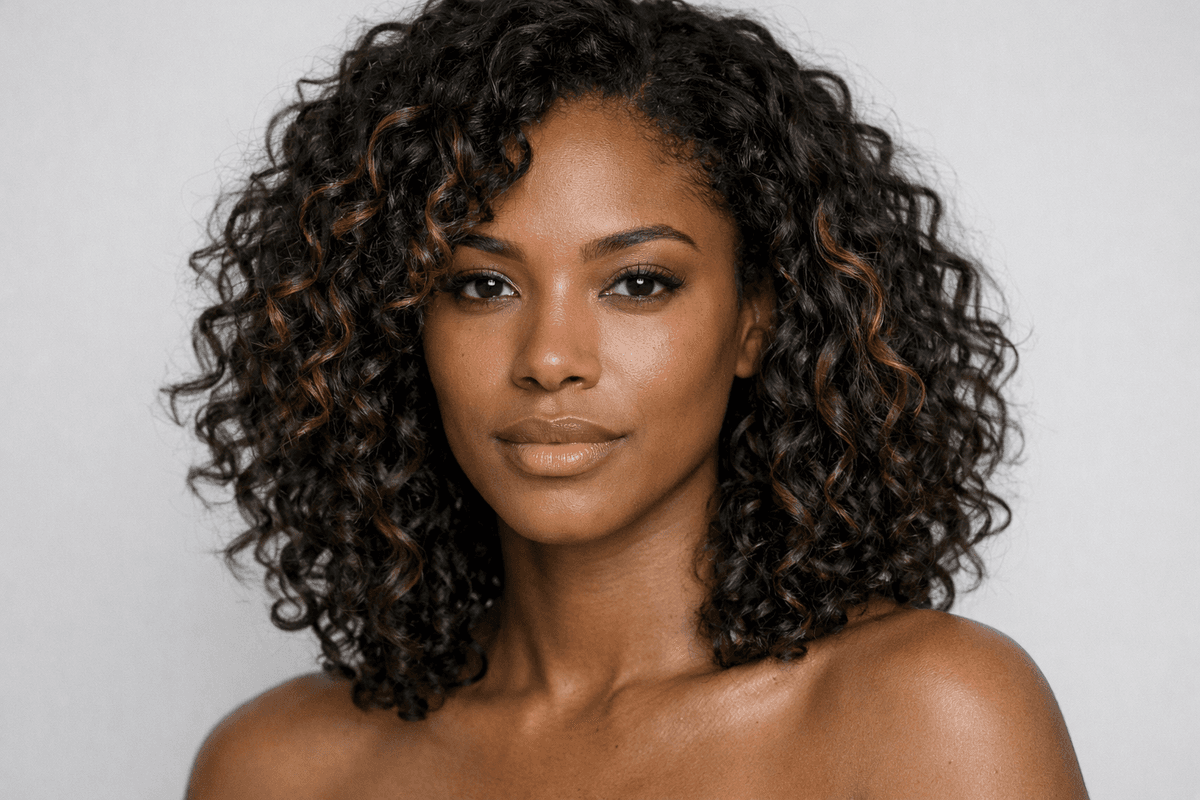 Cabelo cacheado castanho-escuro com mechas mel escuro e caramelo