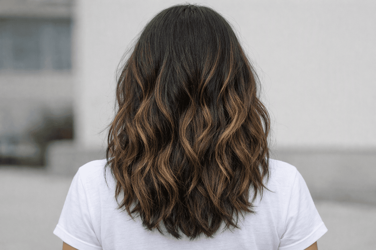 Vista traseira de cabelo castanho ondulado com mechas caramelo