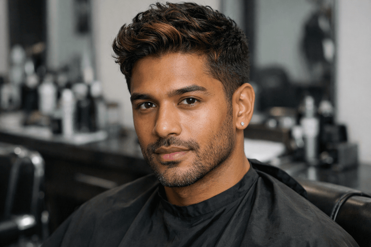 Homem com cabelo curto castanho e mechas caramelo criando profundidade e movimento