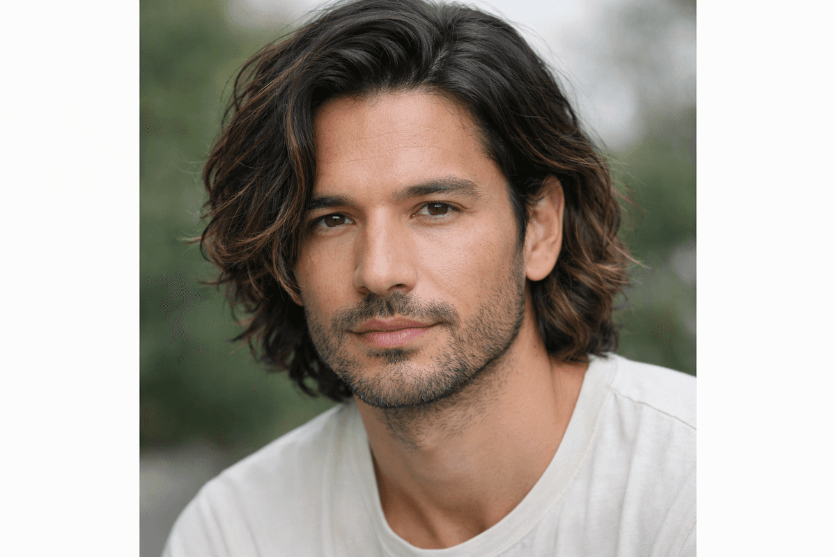 Homem com cabelo médio castanho iluminado com mechas mel em distribuição natural