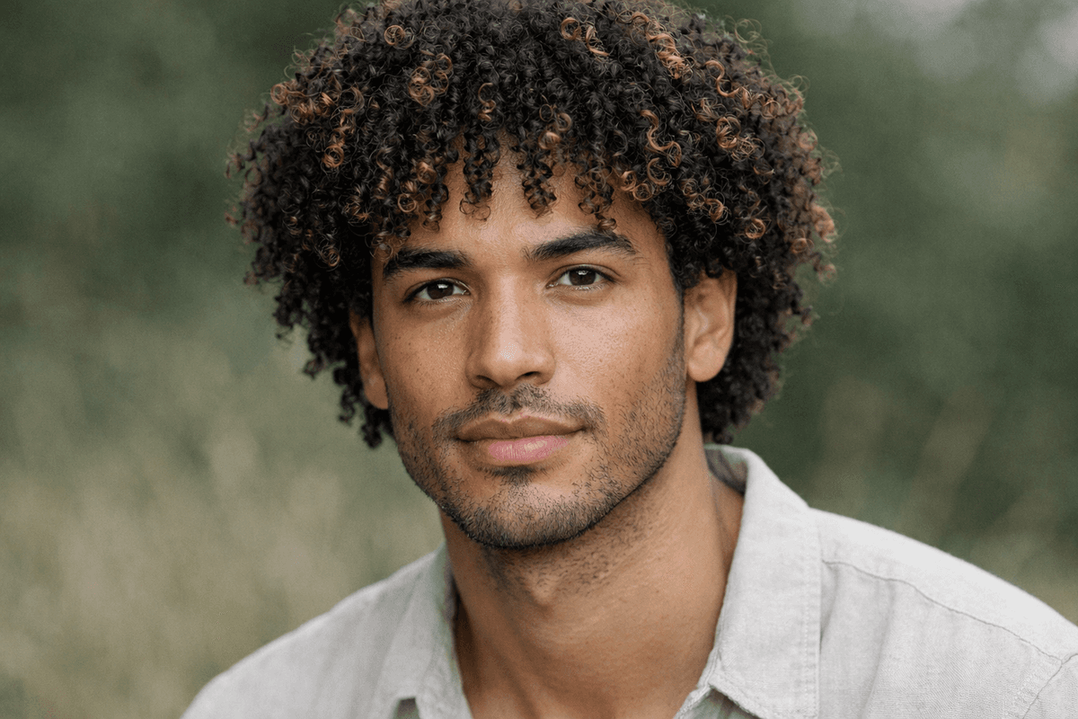 Homem com cabelo cacheado castanho escuro e mechas mel distribuídas em todo o volume
