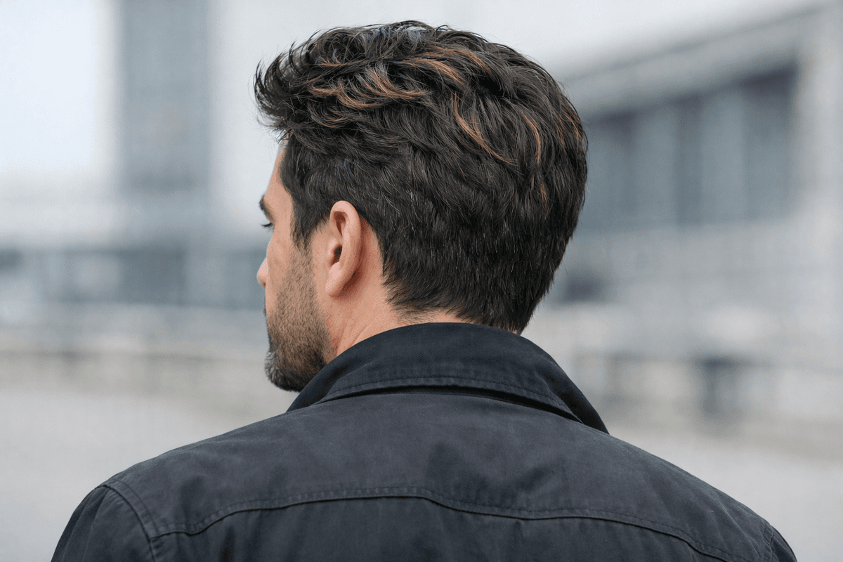 Vista traseira em três quartos de cabelo masculino curto ondulado castanho-escuro com mechas caramelo