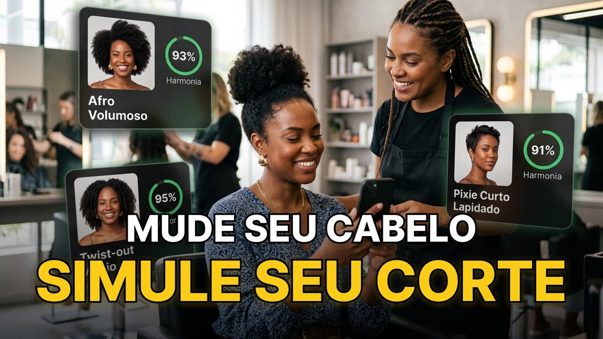 mulher no salão vê opções Afro Volumoso, Twist-out e Pixie com alta harmonia no celular.