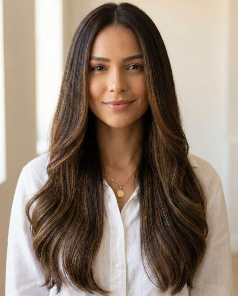Mulher com cabelo castanho longo liso
