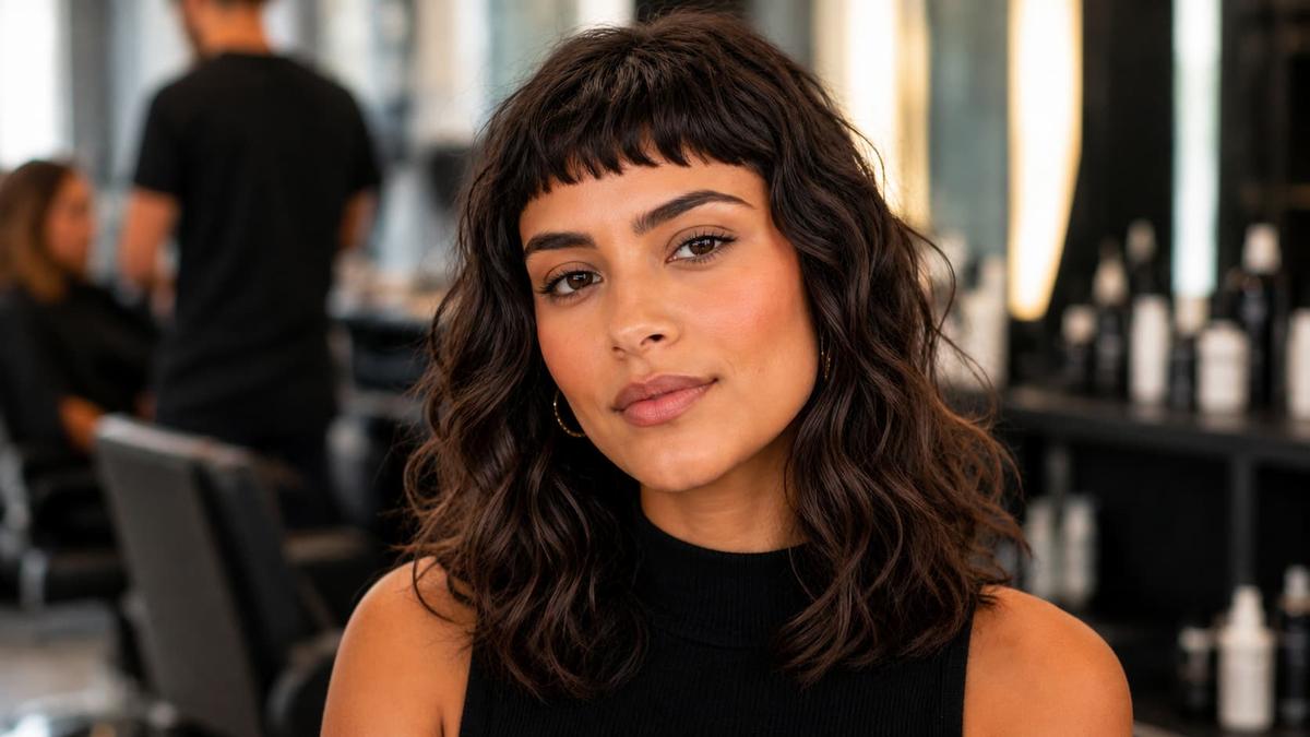 Modelo de cabelo ondulado com textura marcada e franja curta desfiada olha para a câmera no salão.