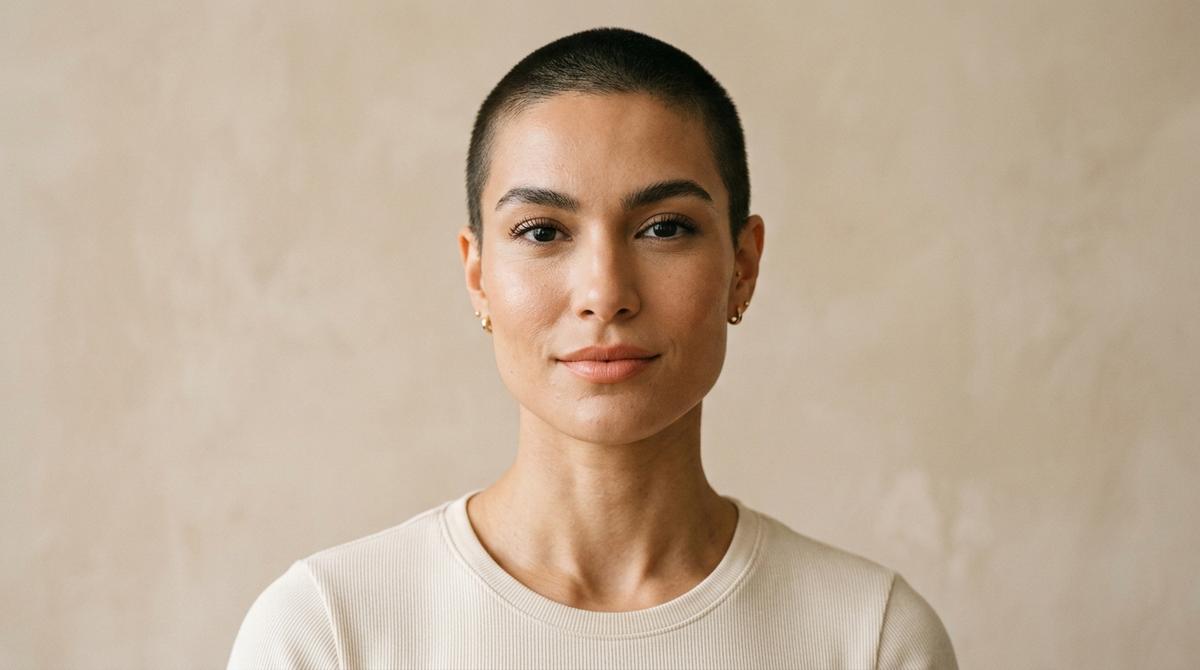 Buzz cut curto estilizado em mulher com rosto quadrado e pele morena clara