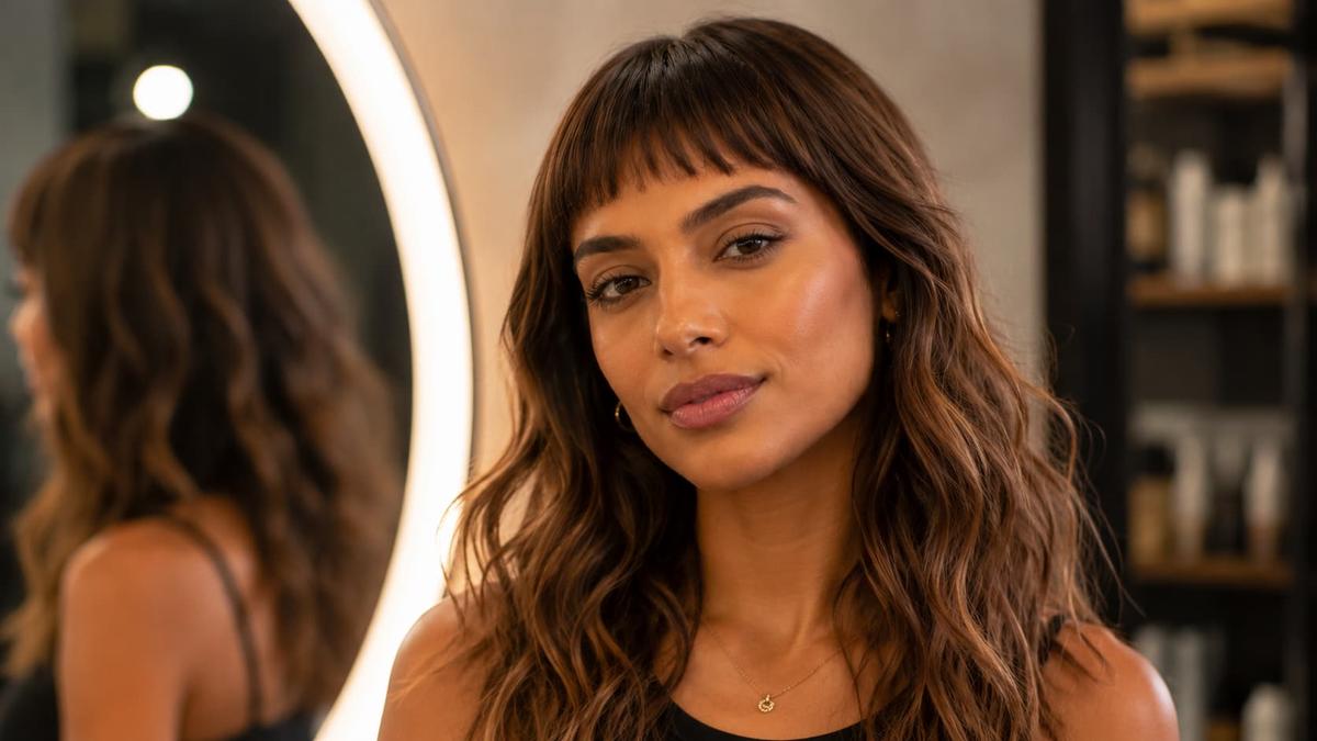 Mulher de cabelo ondulado castanho iluminado exibe corte com franja curta desfiada acima da sobrancelha,em um salão de beleza.