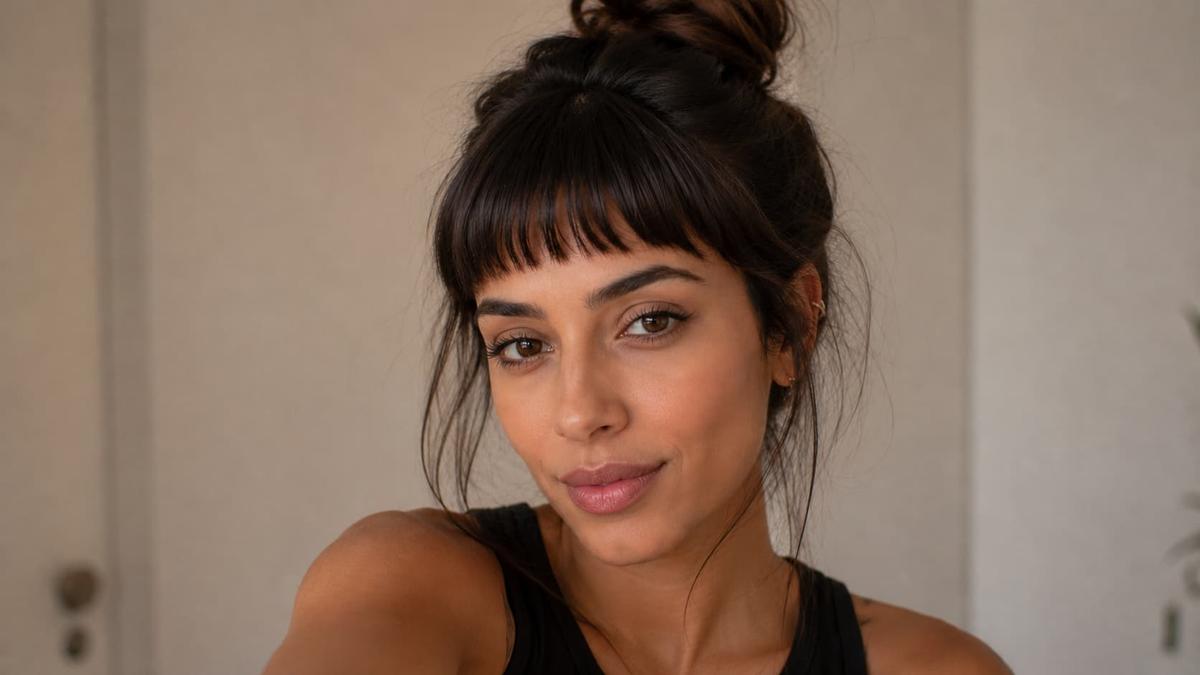 Penteado em coque alto com destaque para a franja curta no meio da testa desfiada em cabelo escuro. Mulher olha para a câmera.