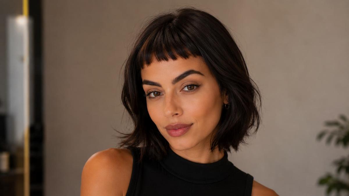 Modelo de cabelo curto ondulado estilo bob com franja curta desfiada inclina a cabeça em pose elegante.