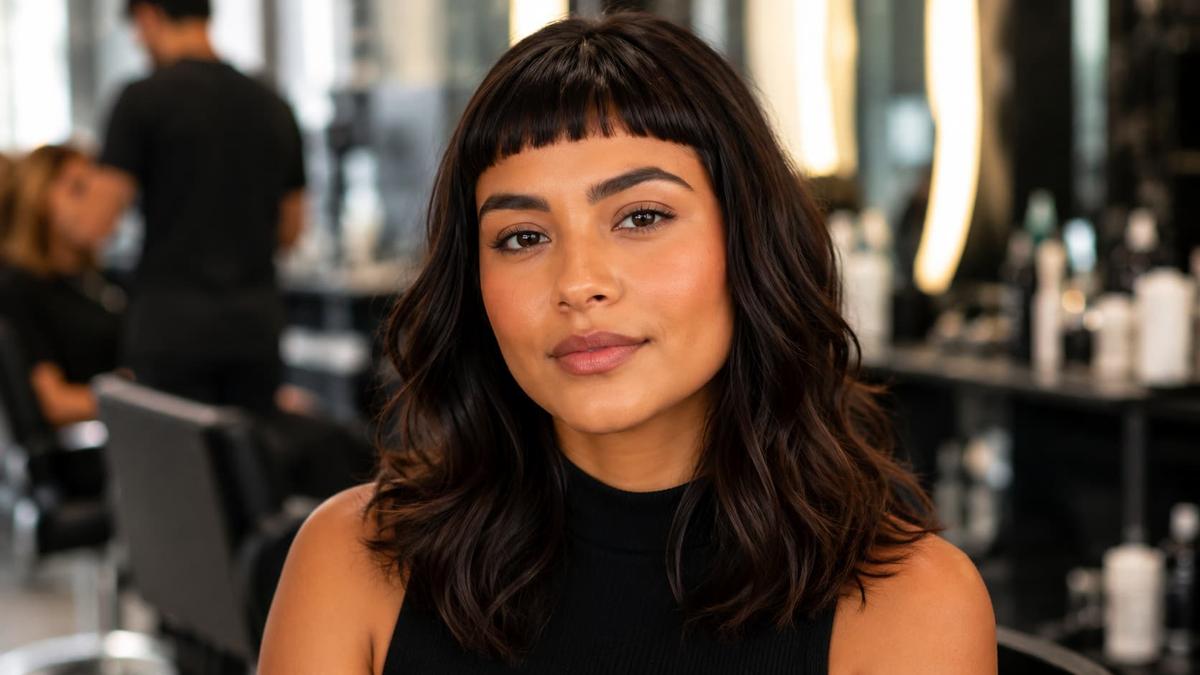Mulher com rosto oval e cabelo médio ondulado escuro e franja curta reta sorri sutilmente em um salão de beleza.