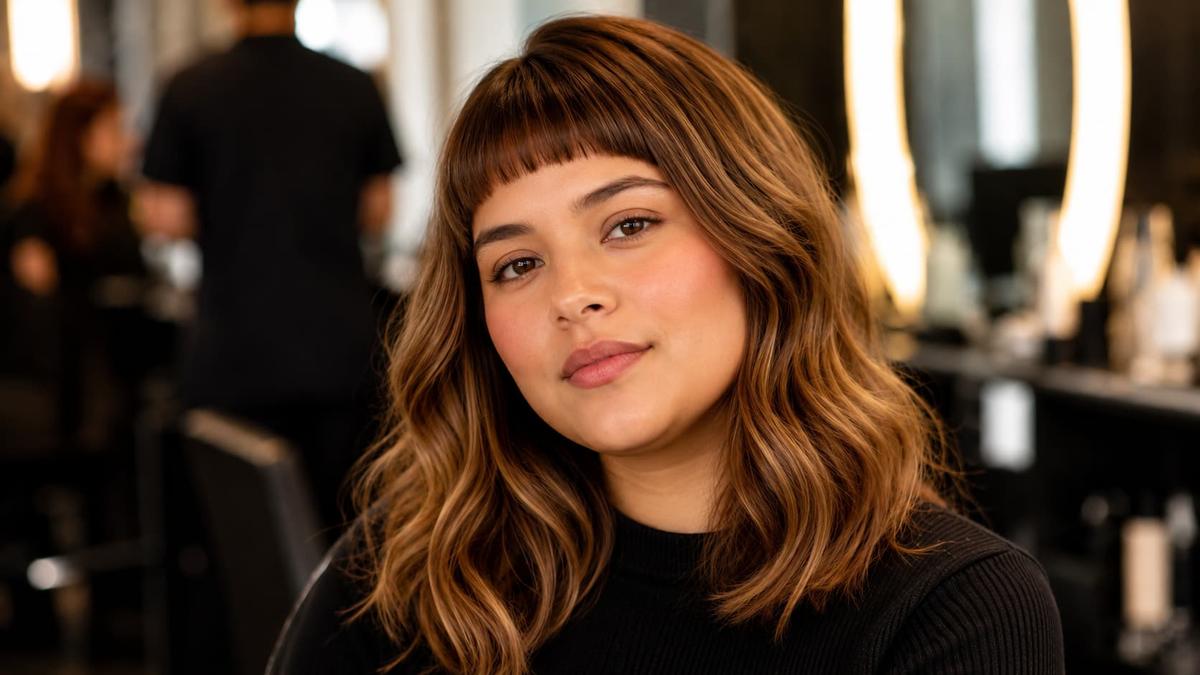 Mulher com rosto redondo e cabelo médio castanho com luzes e franja curta reta posa olhando diretamente para a câmera.