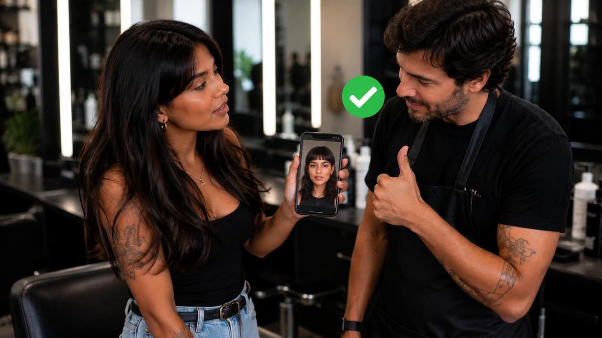 Mulher pedindo franja ao cabeleireiro, ela mostra a referência certa no celular para profissional que faz sinal de positivo com um check verde.