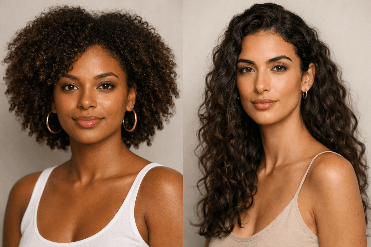Comparação visual entre rosto oval padrão e oval alongado em mulheres brasileiras