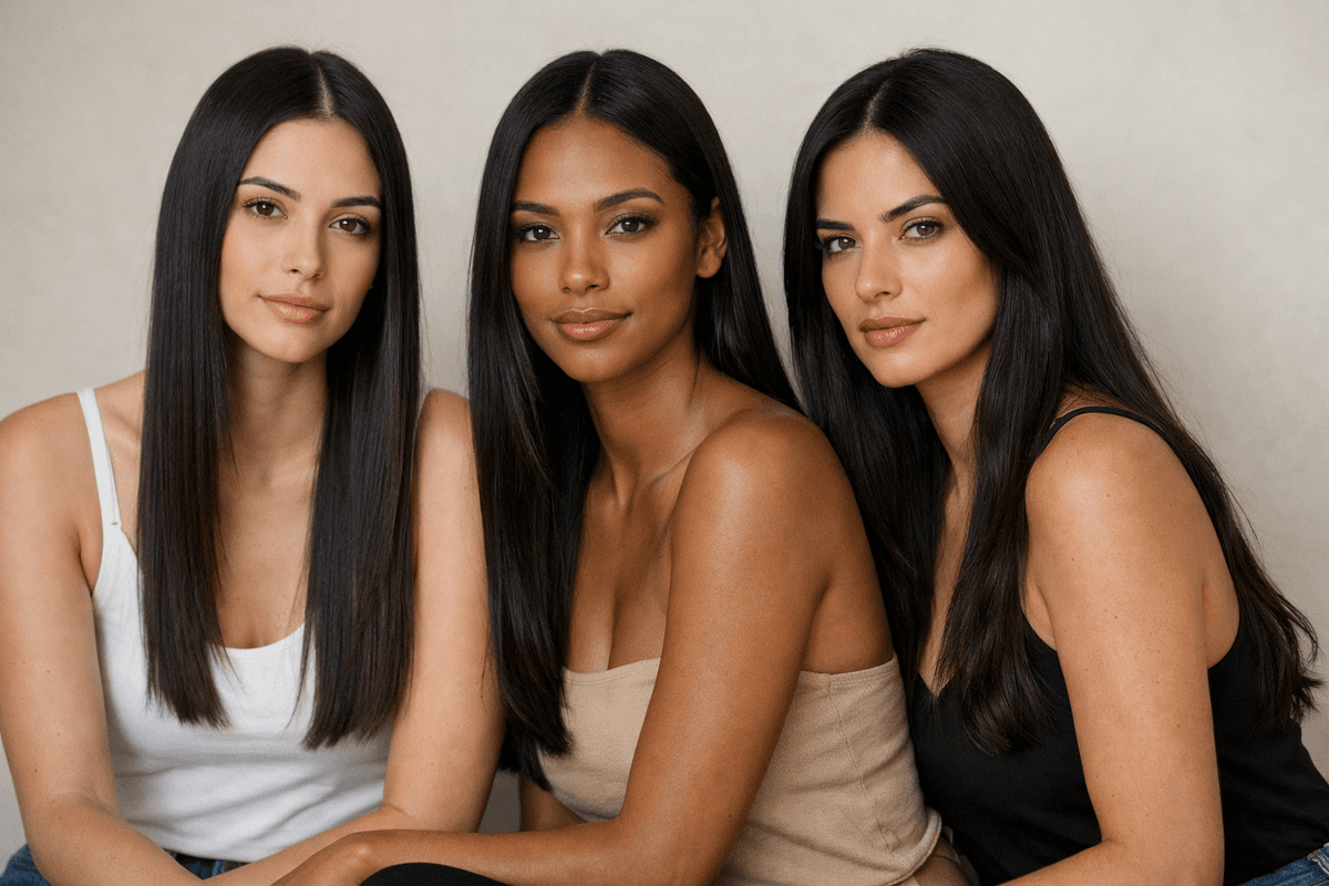 Três mulheres brasileiras demonstrando tipos de cabelo liso 1A, 1B e 1C lado a lado