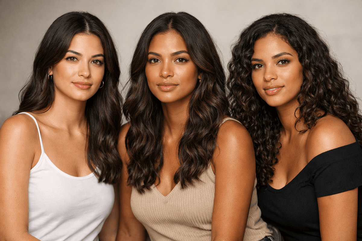Três mulheres brasileiras mostrando cabelos ondulados tipos 2A, 2B e 2C com diferentes graus de ondulação
