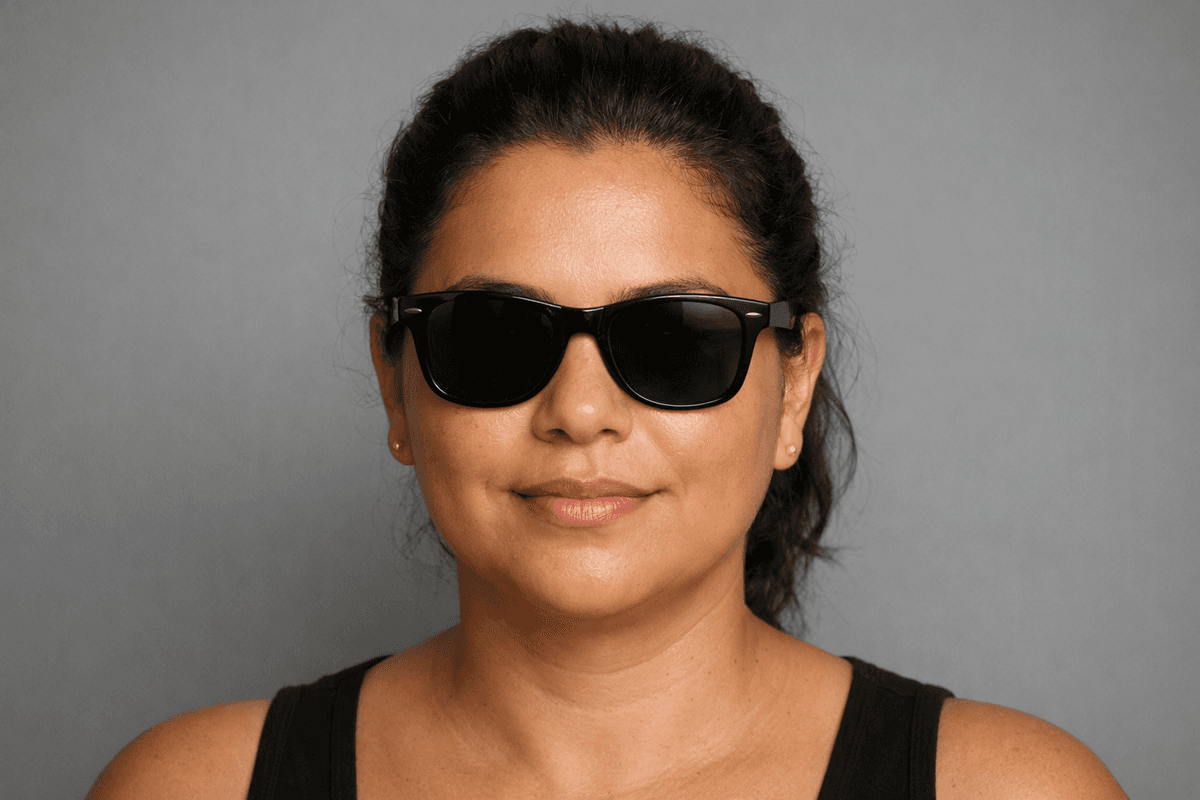 Mulher de rosto redondo com óculos de sol estilo wayfarer