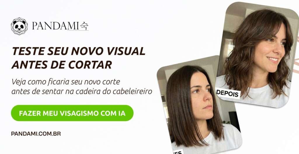 Mulher antes e depois da transformação do visagismo com IA Pandami
