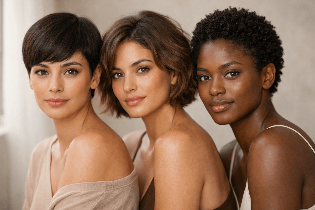 Três mulheres demonstrando penteados diferentes para cabelo curto: liso repicado, ondulado com volume e cacheado definido