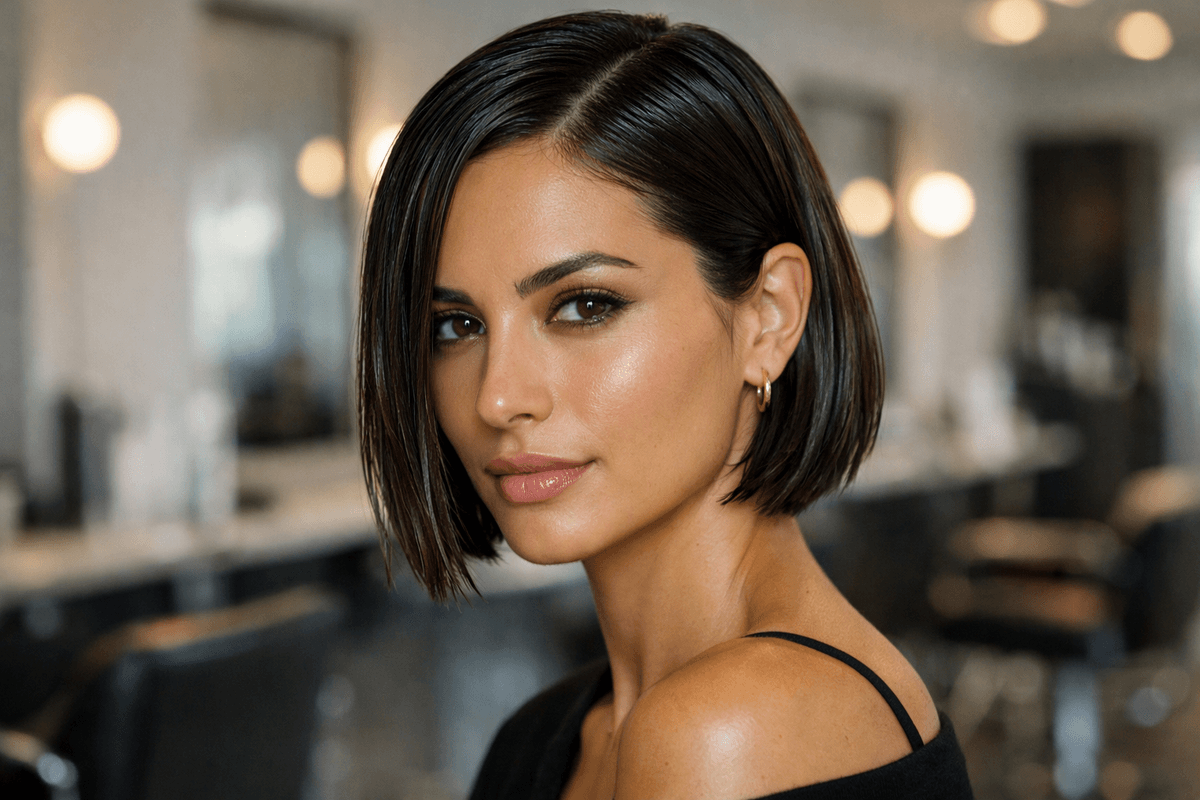 Penteado efeito molhado com gel em mulher com cabelo liso curto castanho e rosto oval