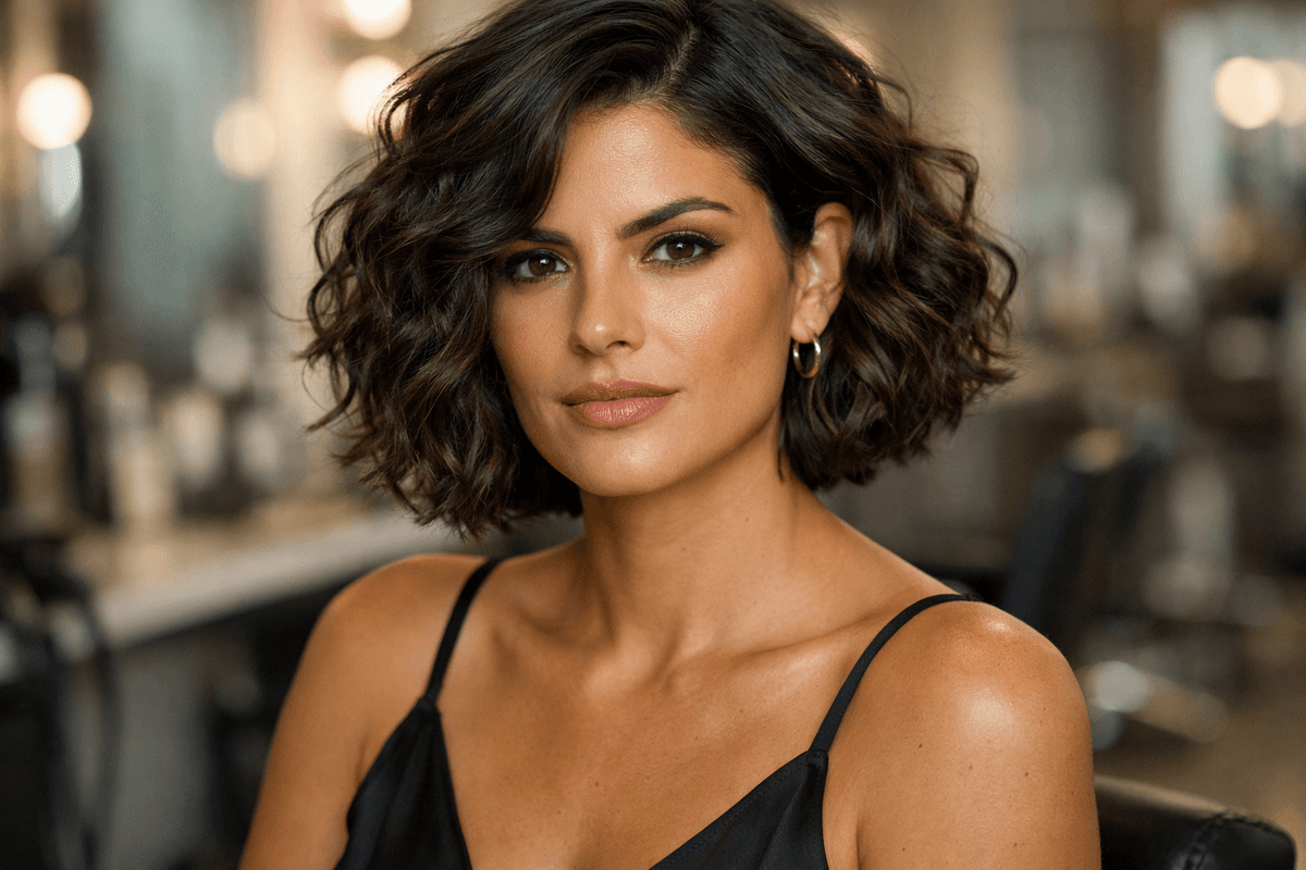 Cabelo ondulado curto com cachos definidos por difusor em mulher com rosto quadrado