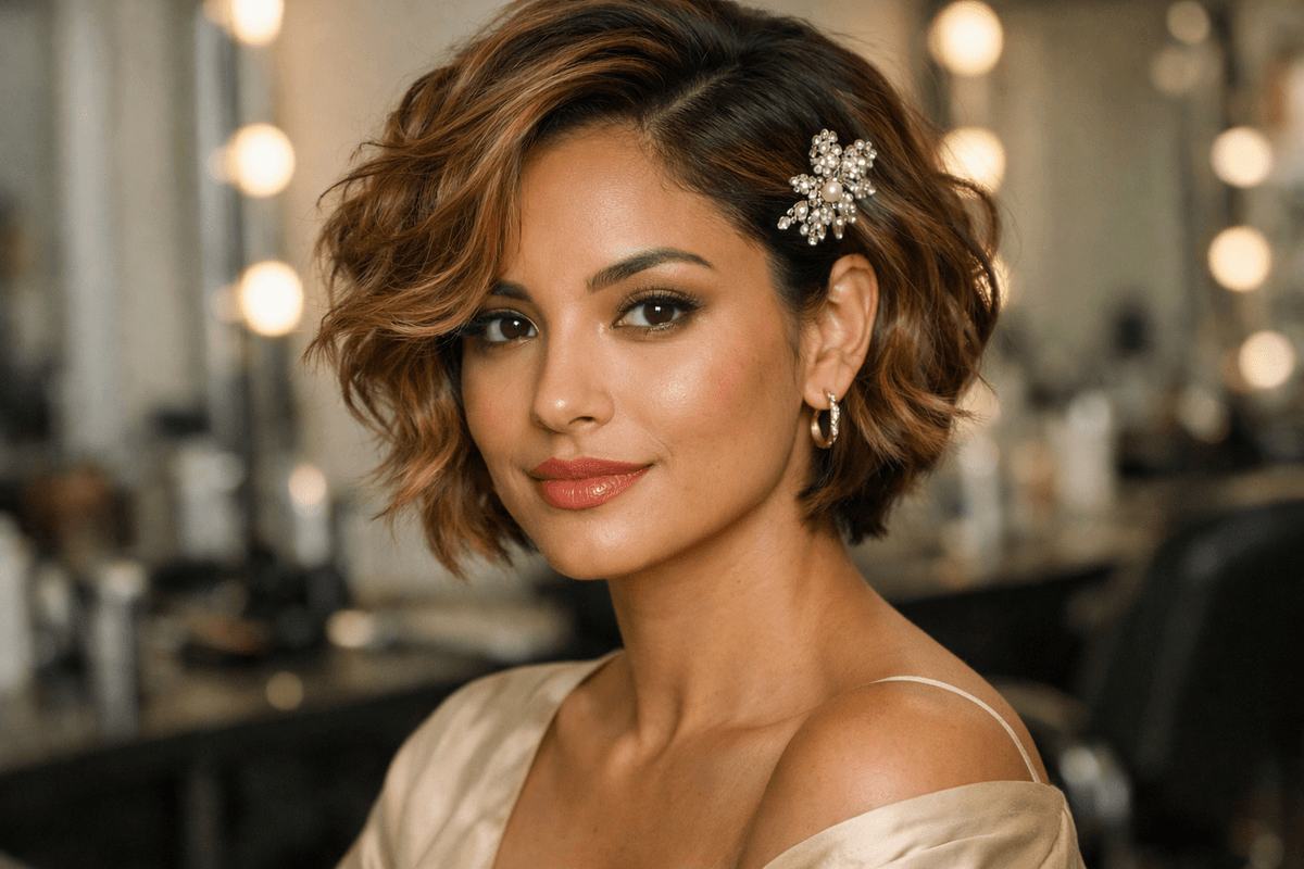 Penteado assimétrico com presilha lateral em cabelo ondulado curto loiro