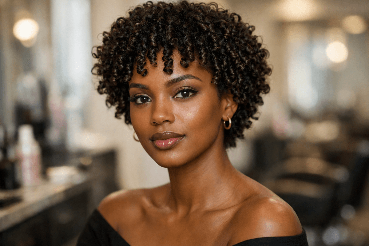 Cabelo cacheado curto com cachos definidos por fitagem em mulher com rosto oval
