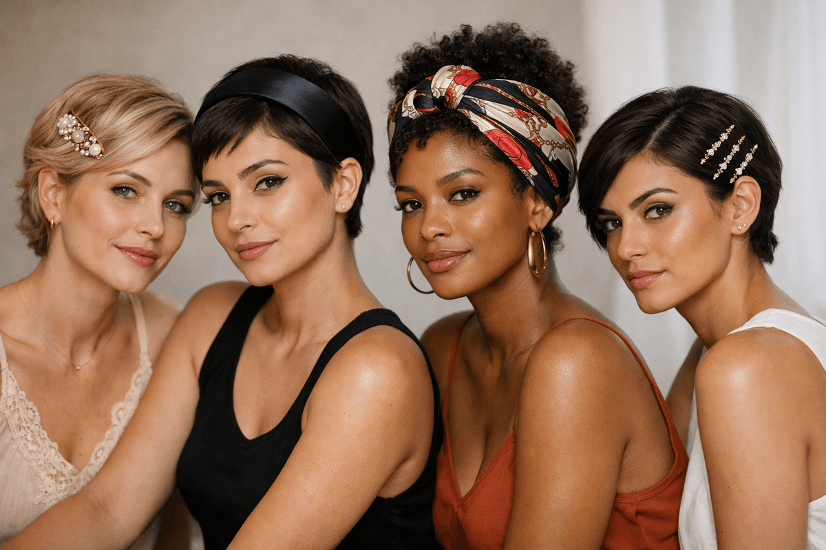 Quatro penteados para cabelo curto usando acessórios diferentes: presilha, tiara, lenço e grampos decorativos