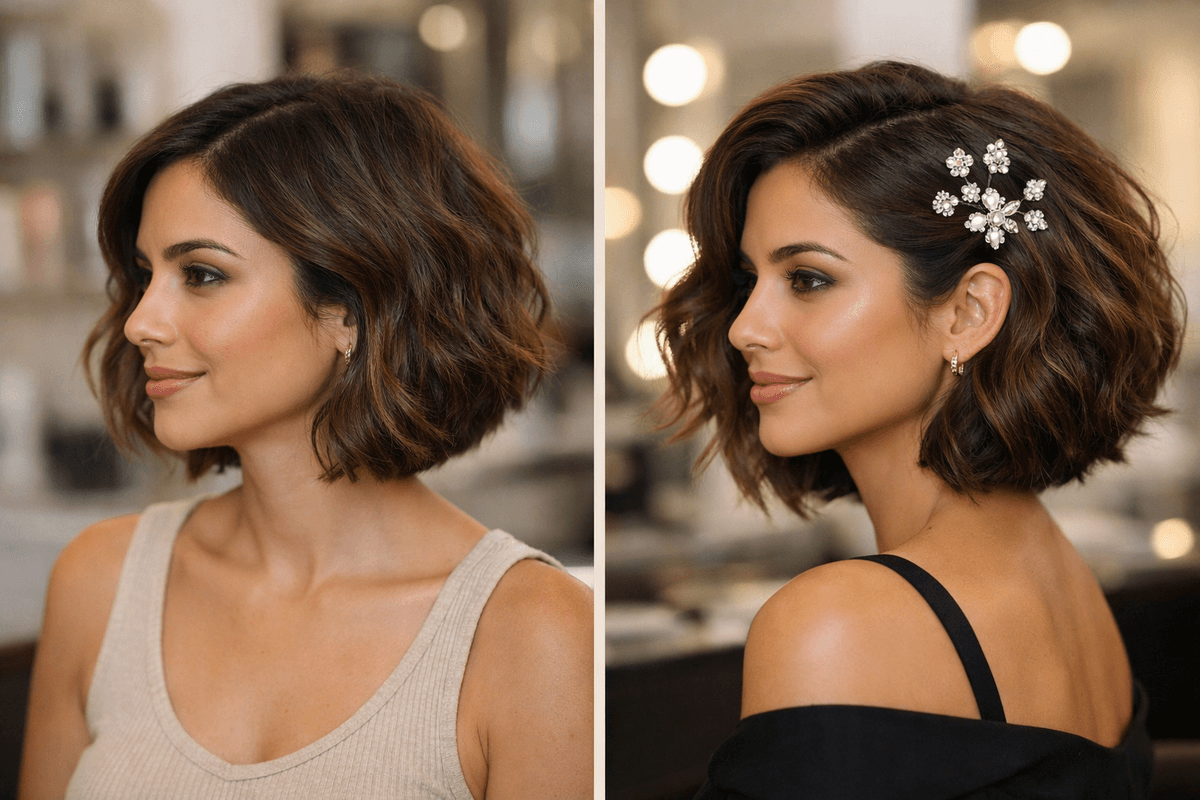 Transformação de penteado de dia para noite em cabelo curto ondulado com adição de acessórios
